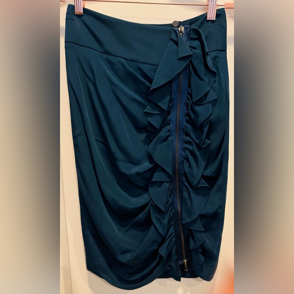 MAGASCHONI COLLECTION Silk Front Zip Ruffled Skirt Size 0 Peacock Blue NWT